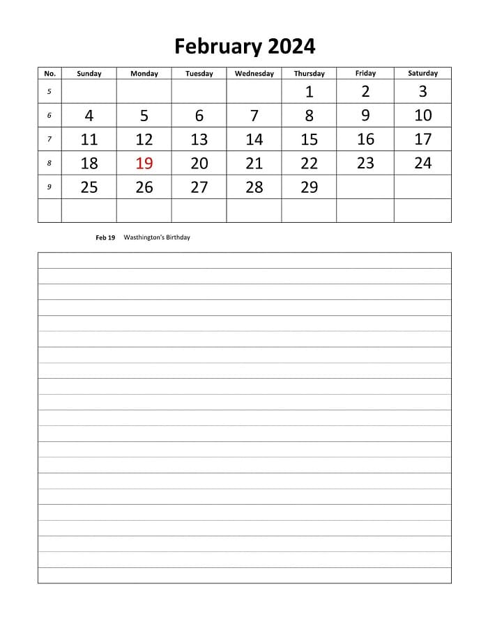 Printable February 2024 Calendar Daily Notes Vertical