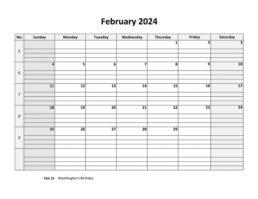 Printable February 2024 Calendar Daygrid Horizontal