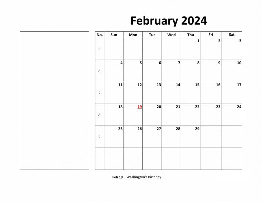 Printable February 2024 Calendar Large Box Space Notes