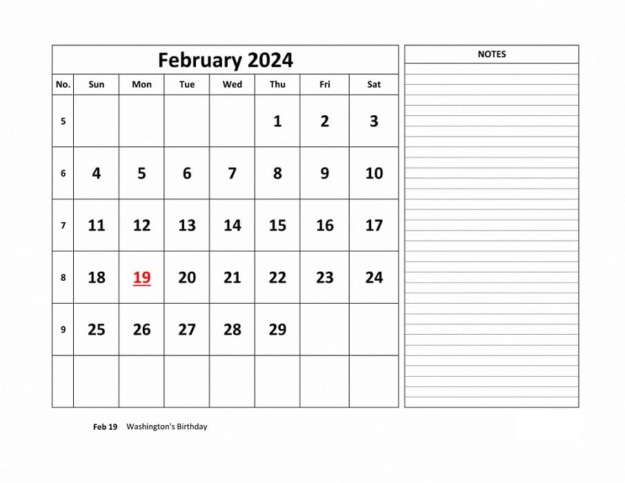 Printable February 2024 Calendar Large Space Appointment Notes