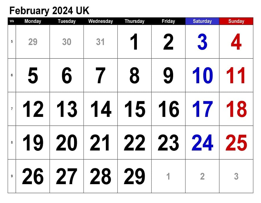 Printable February 2024 Calendar UK