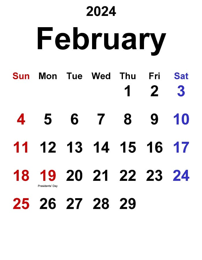 Printable February 2024 Classic Calendar