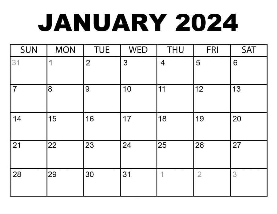 Printable Free January 2024 Calendar