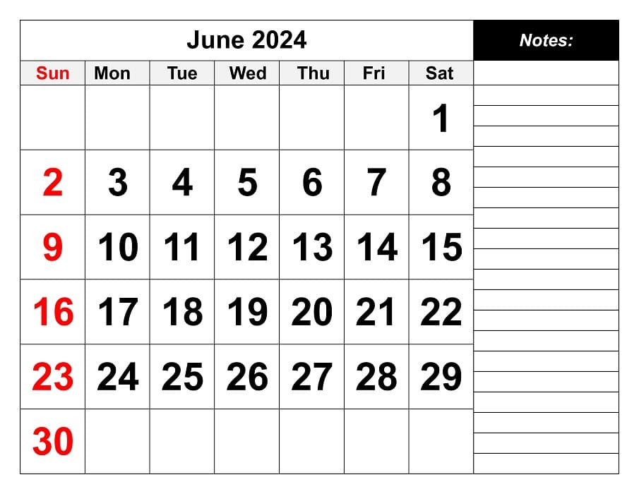 Printable Free June 2024 Calendar