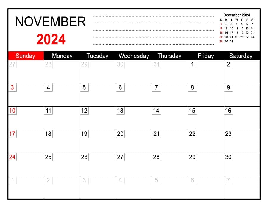 Printable Free November 2024 Calendar