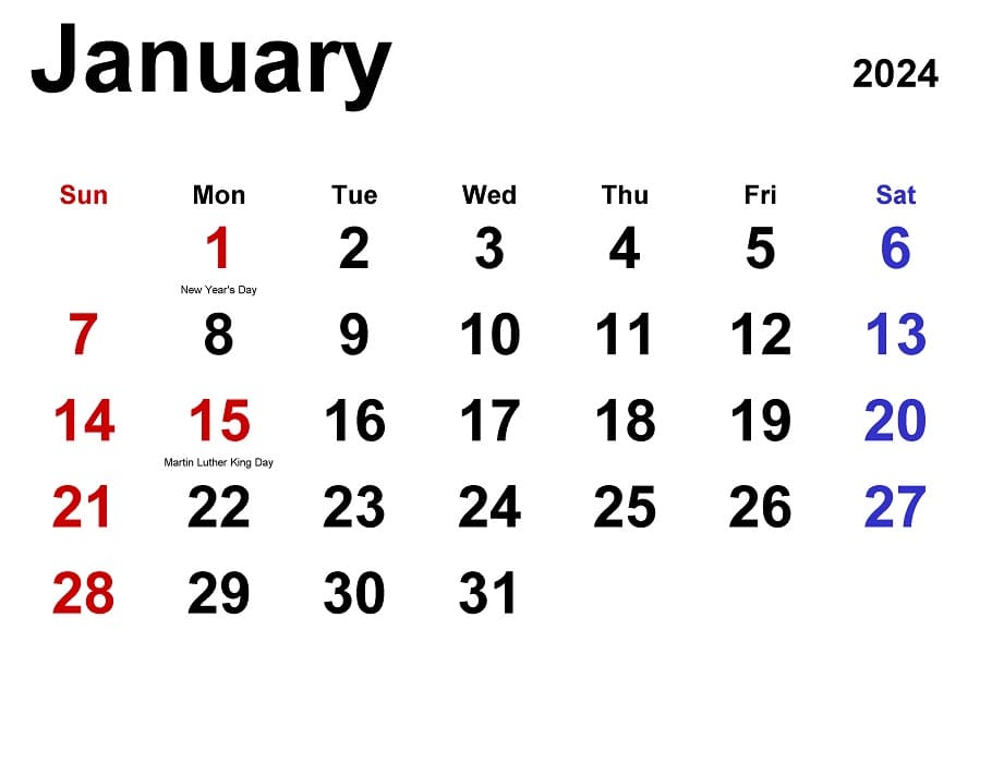Printable January 2024 Calendar Classic