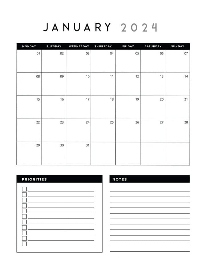 Printable January 2024 Calendar Design