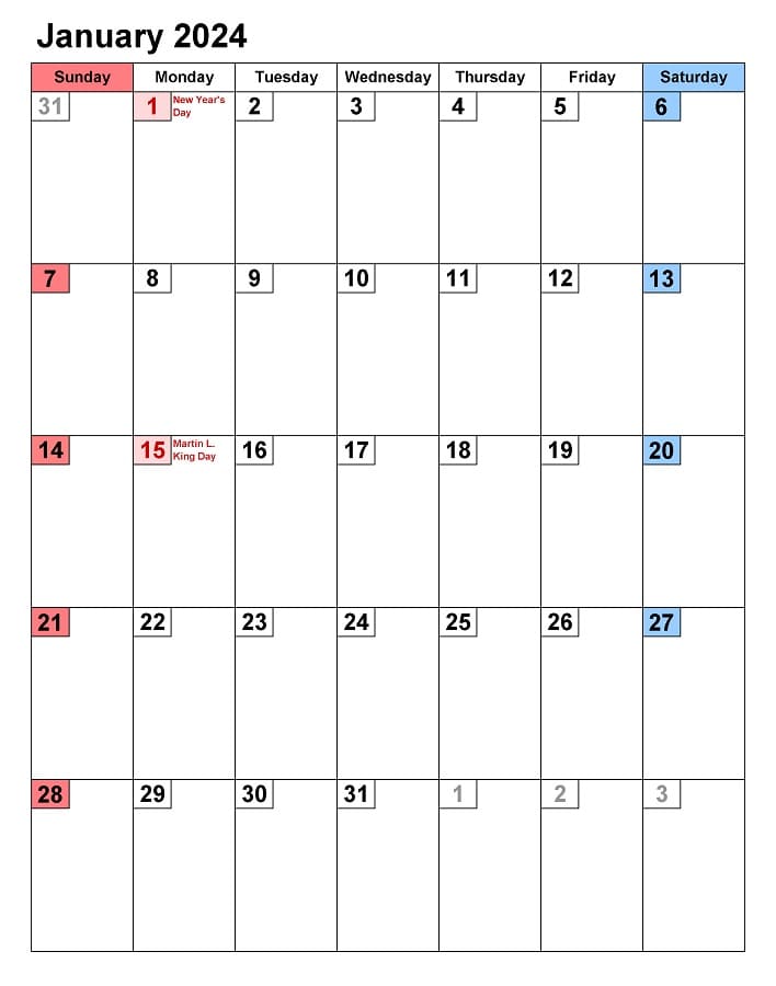 Printable January 2024 Calendar Editable