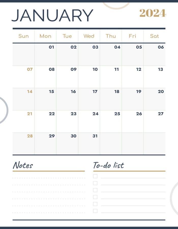Printable January 2024 Calendar Free Template