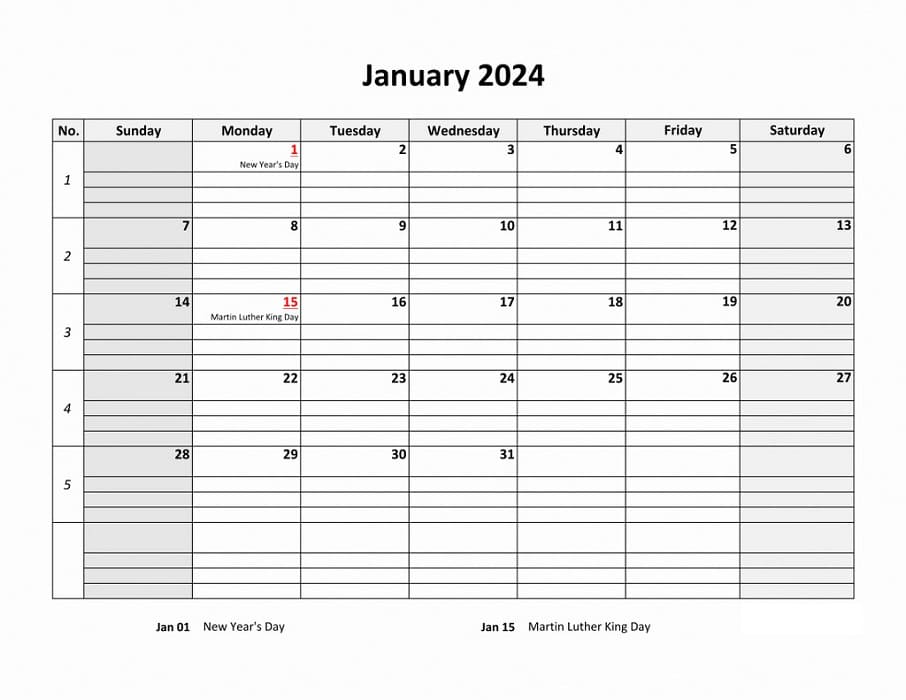 Printable January 2024 Calendar Large Box Grid