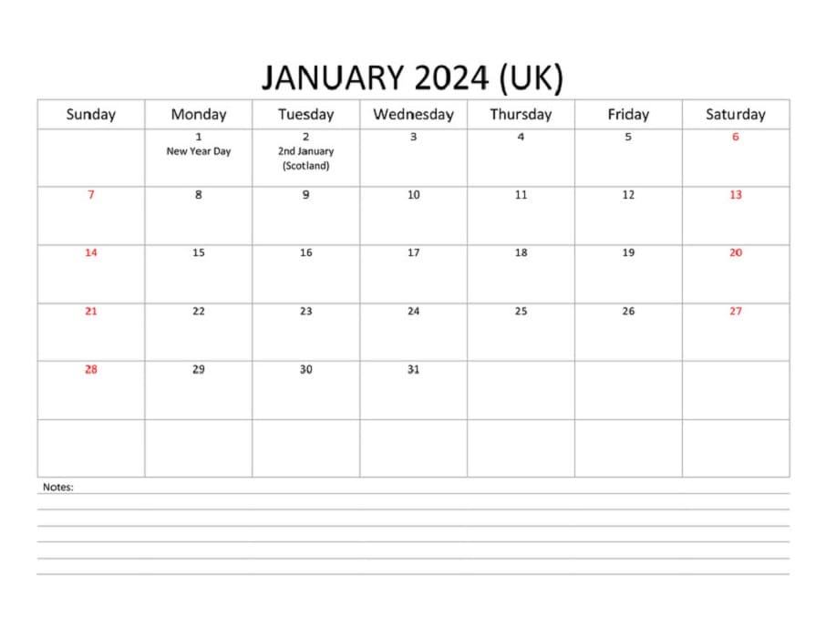 Printable January 2024 Uk Calendar