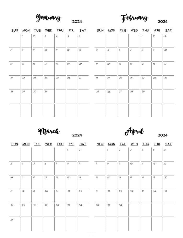 Printable January To April 2024 Calendar Templates