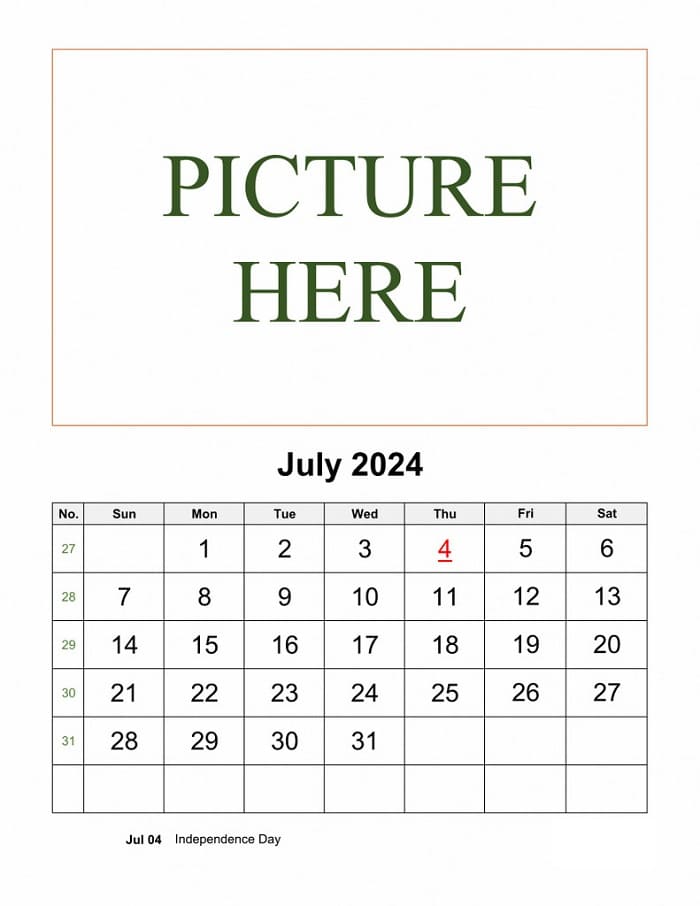 Printable July 2024 Calendar Add Picture