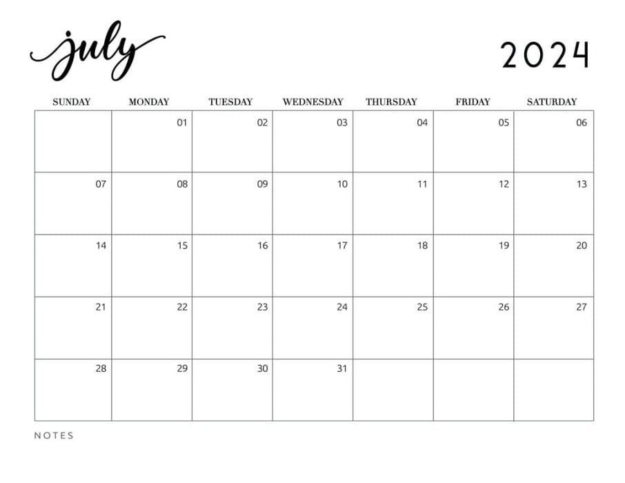 Printable July 2024 Calendar Design