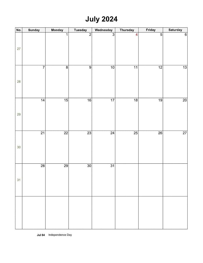 Printable July 2024 Calendar Holidays Vertical