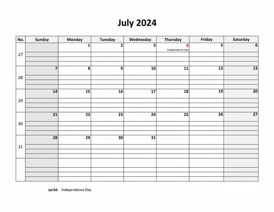 Printable July 2024 Calendar Large Box Grid