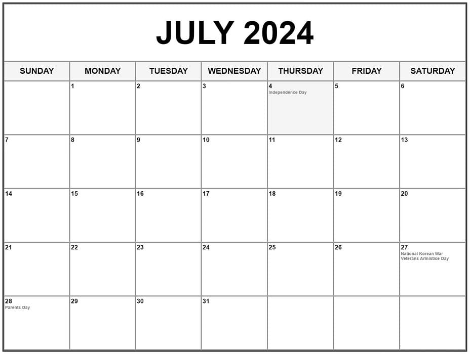 Printable July 2024 Calendar US Holidays
