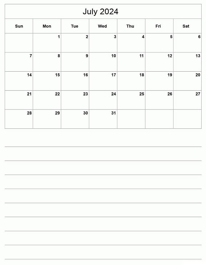 Printable July 2024 Calendar With Notes