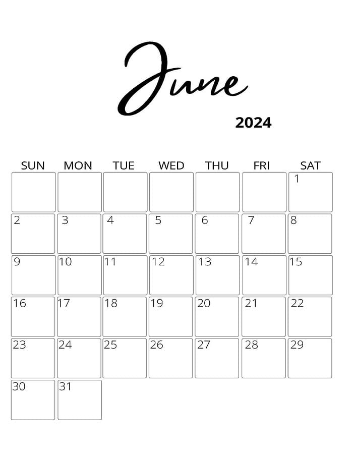 Printable June 2024 Calendar Cute Sunday Start
