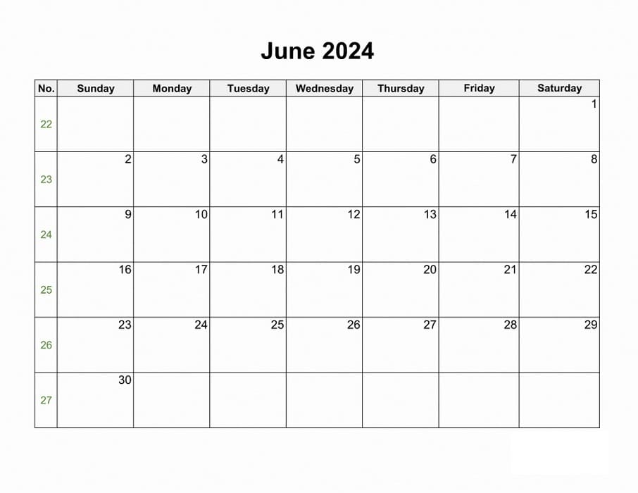 Printable June 2024 Calendar Holidays Blank Landscape