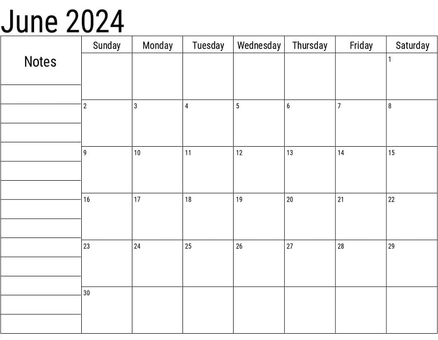 Printable June 2024 Calendar With Notes