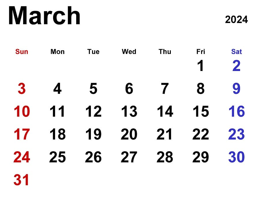Printable March 2024 Calendar Classic