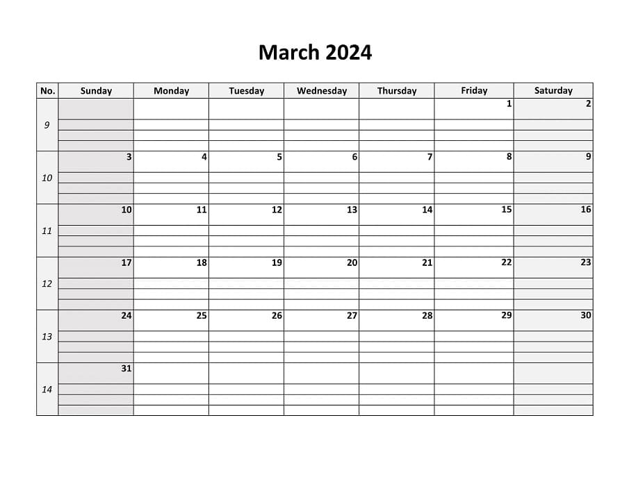Printable March 2024 Calendar Daygrid Horizontal