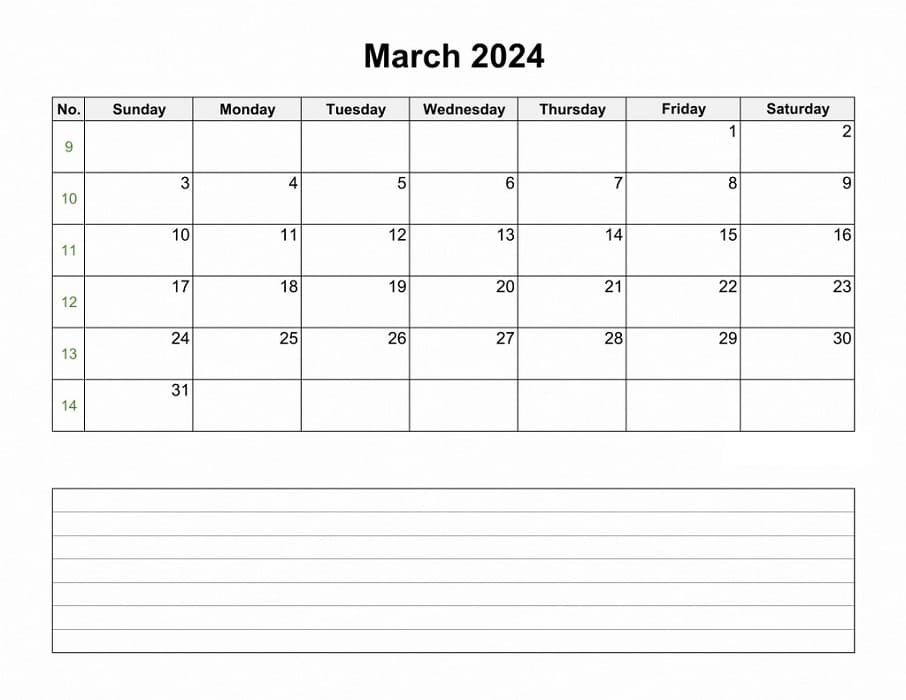Printable March 2024 Calendar Notes Blank Landscape