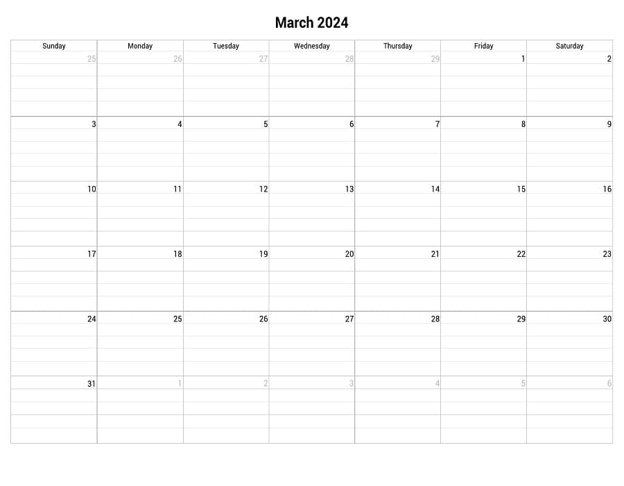 Printable March 2024 Fillable Calendar Grid With Lines