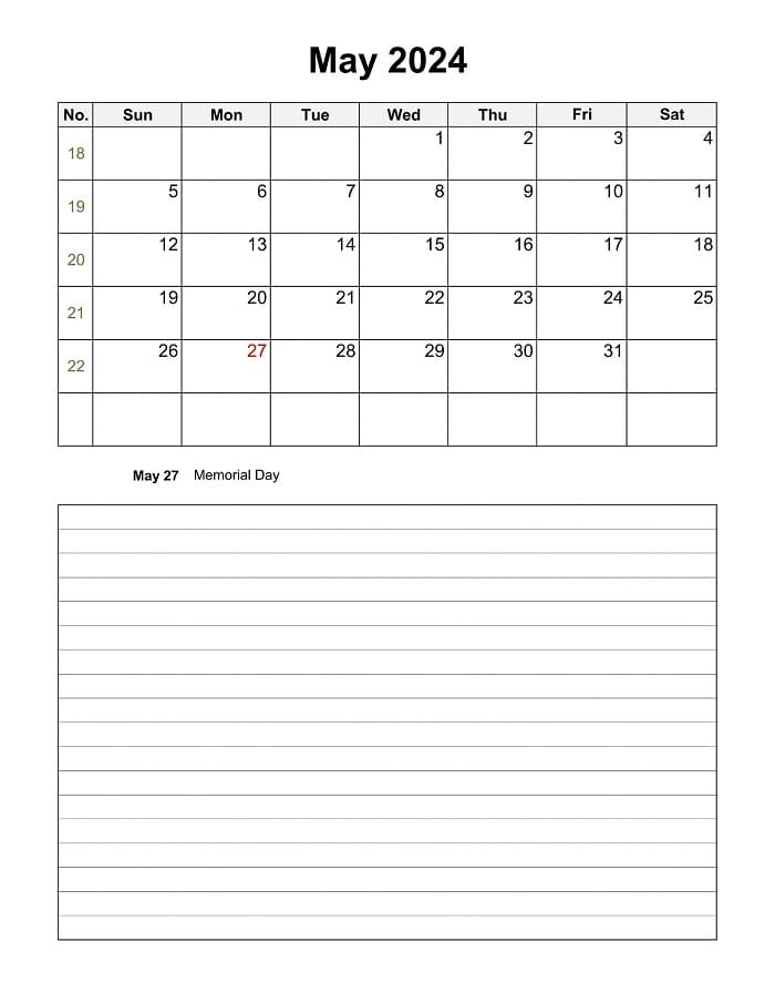 Printable May 2024 Calendar Notes Vertical