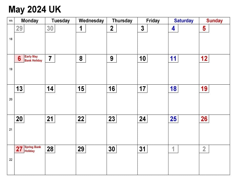Printable May 2024 Calendar UK