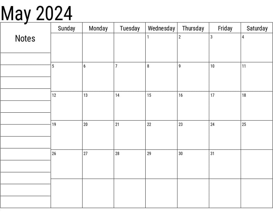 Printable May 2024 Calendar With Notes
