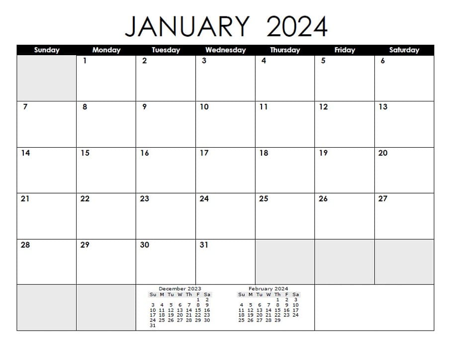Printable Monthly January 2024 Calendar