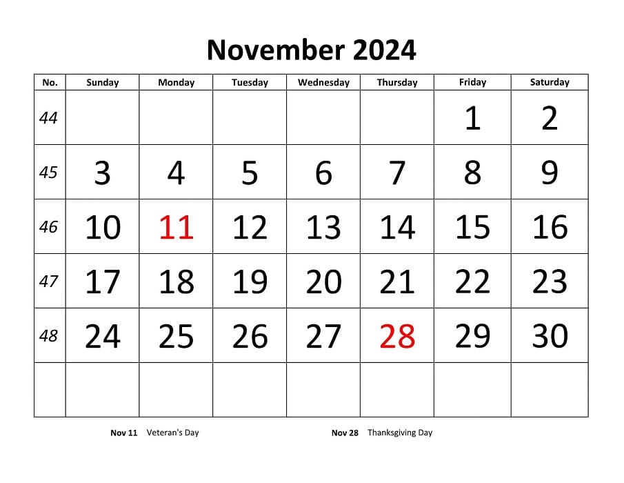Printable November 2024 Calendar Bigfont
