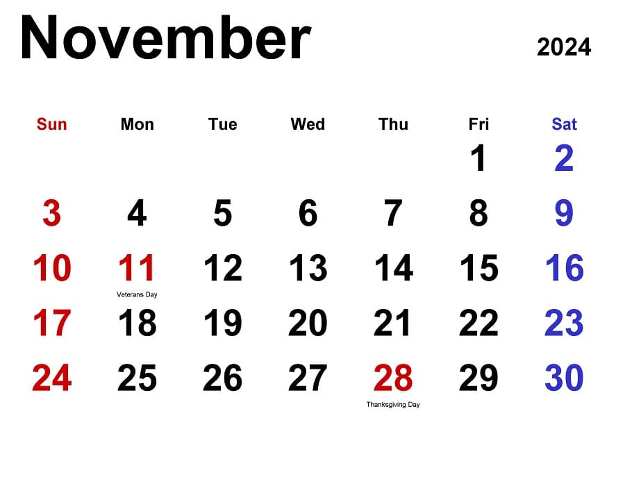 Printable November 2024 Calendar Classic