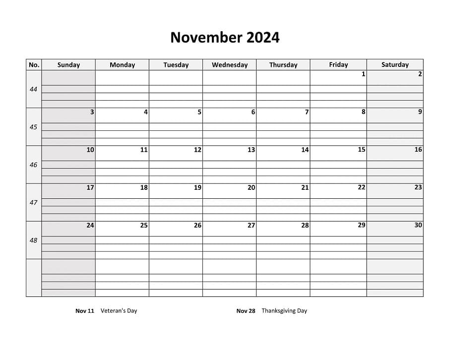 Printable November 2024 Calendar Daygrid