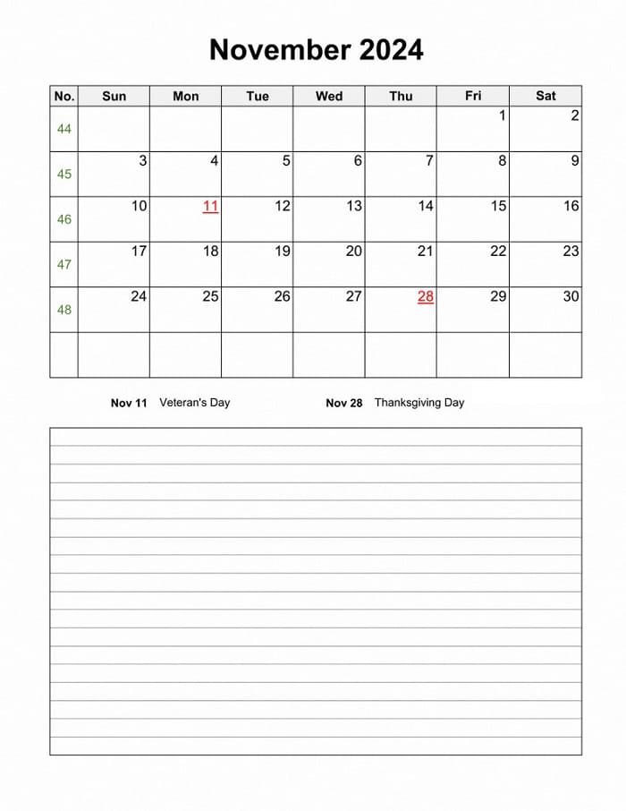 Printable November 2024 Calendar Notes Blank