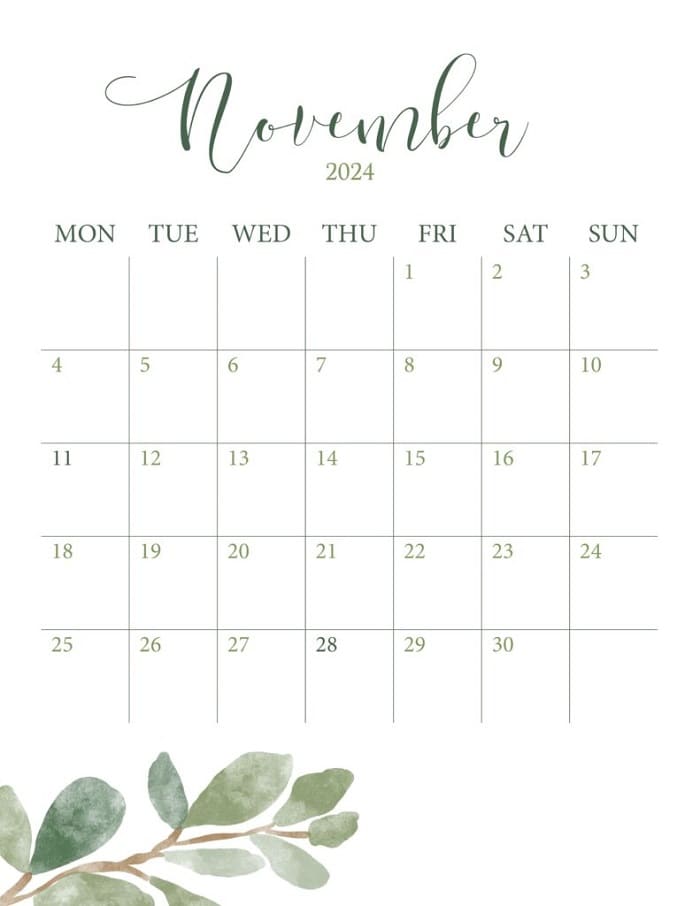 Printable November 2024 Calendar Template