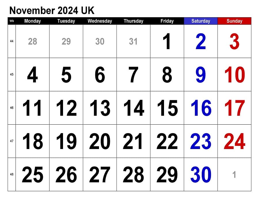Printable November 2024 Calendar UK