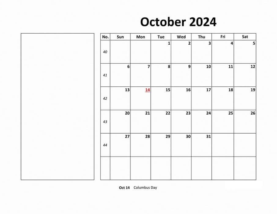 Printable October 2024 Calendar Large Box Notes