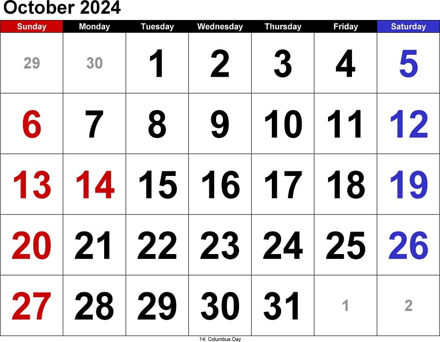 Printable October 2024 Calendar Large Numerals