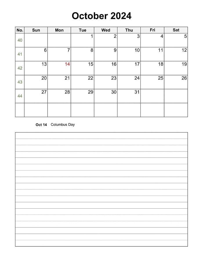 Printable October 2024 Calendar Notes Vertical