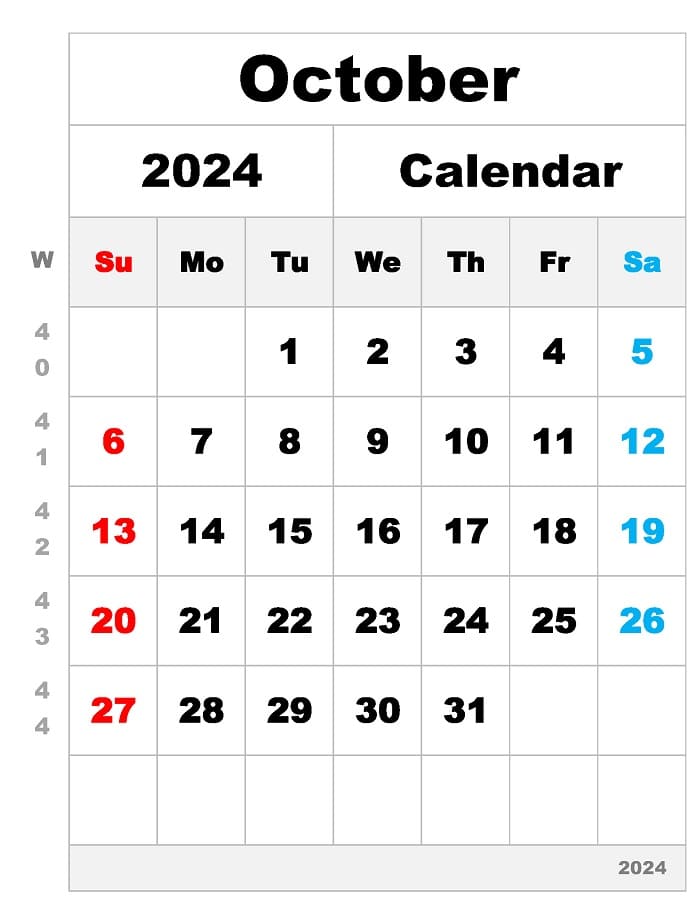 Printable October 2024 Calendar Week Numbers