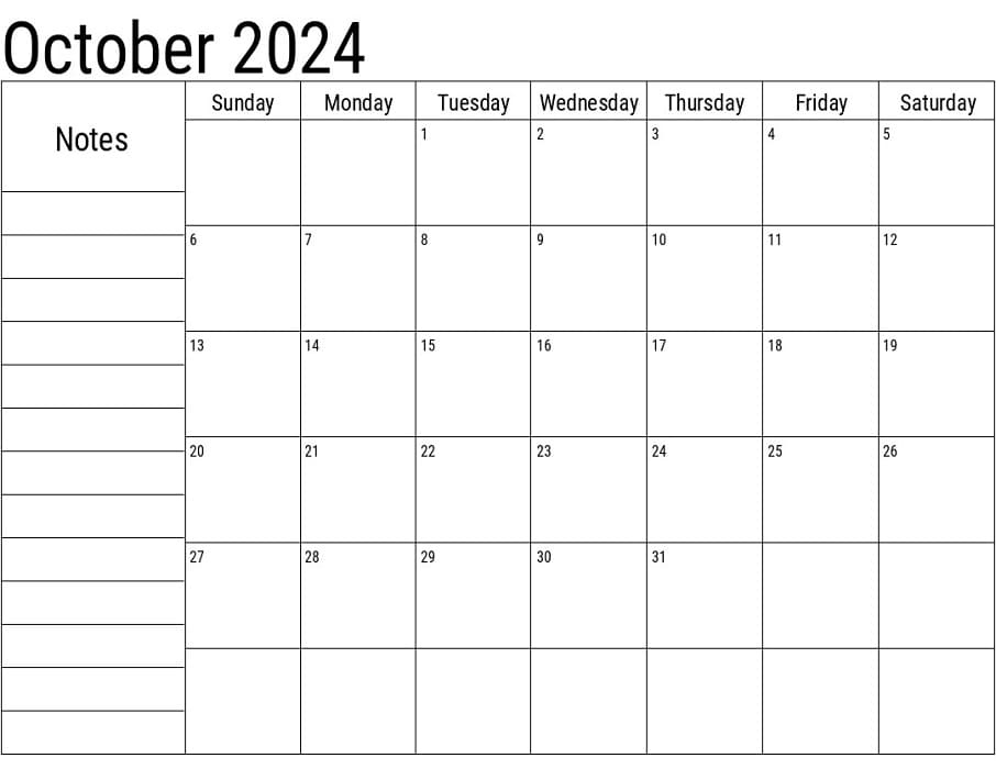 Printable October 2024 Calendar With Notes
