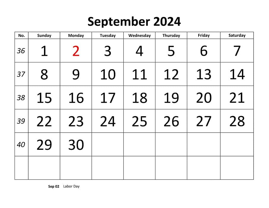 Printable September 2024 Calendar Bigfont Horizontal