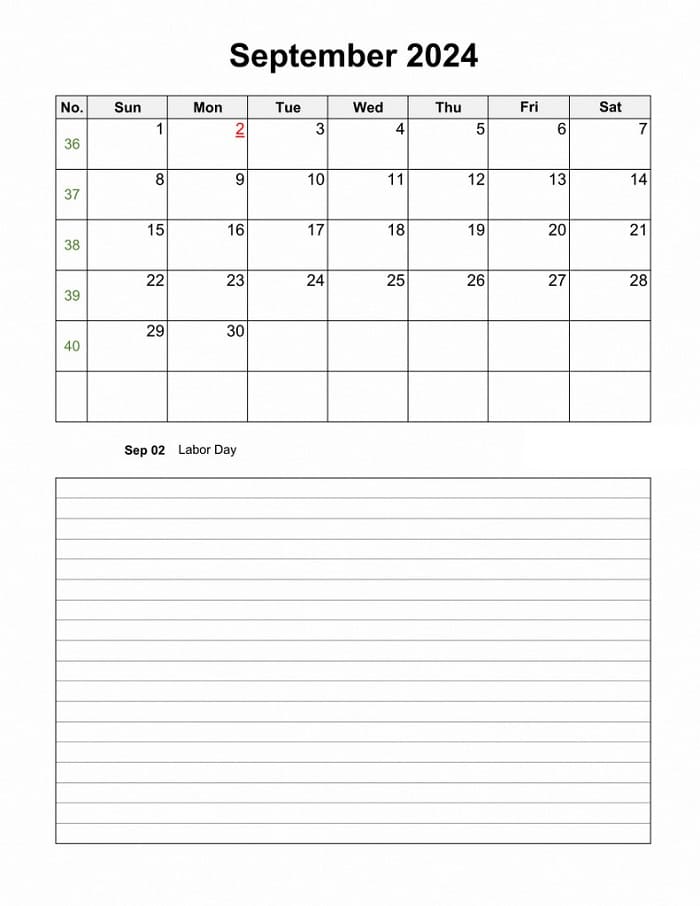 Printable September 2024 Calendar Notes Blank