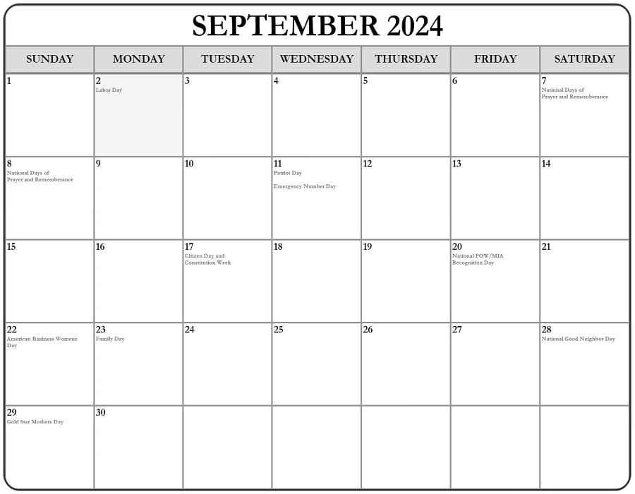 Printable September 2024 Calendar With Holidays