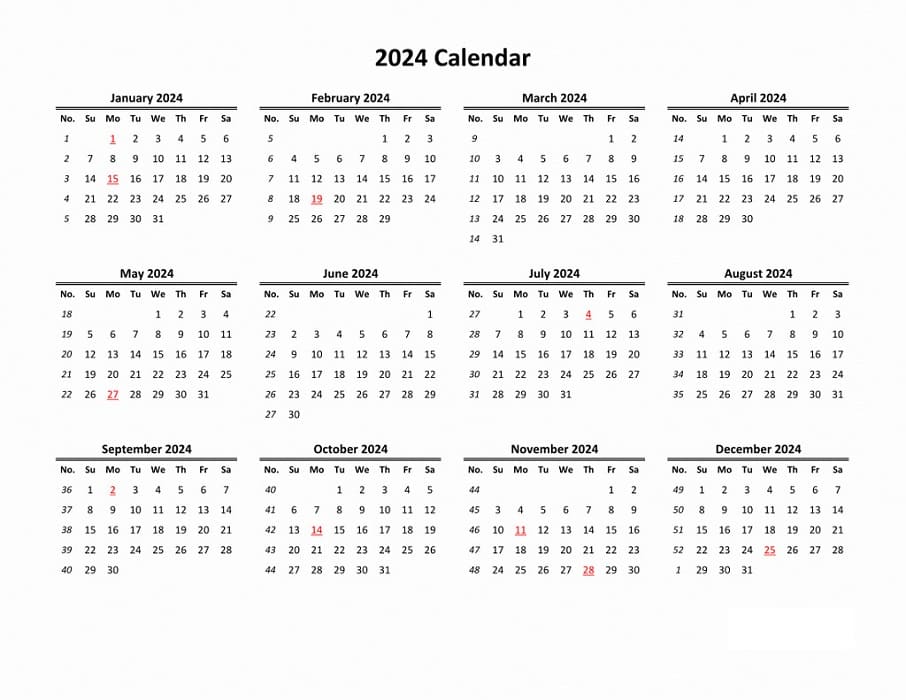 Printable Yearly 2024 Calendar Blank Landscape