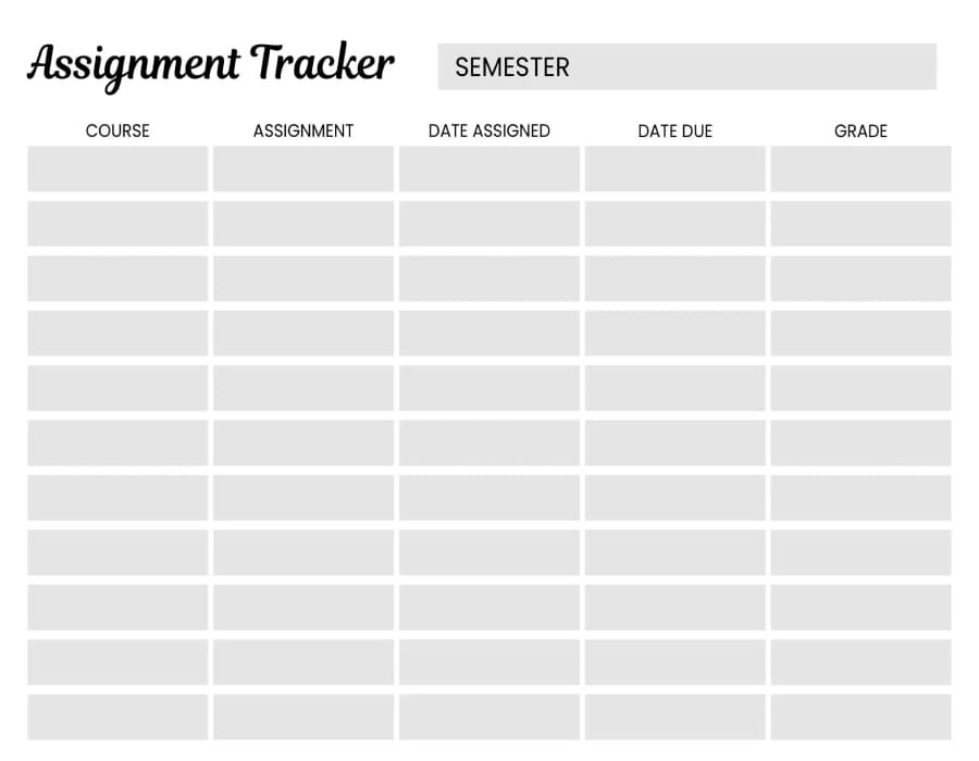 Printable Assignment Tracker BW Scaled
