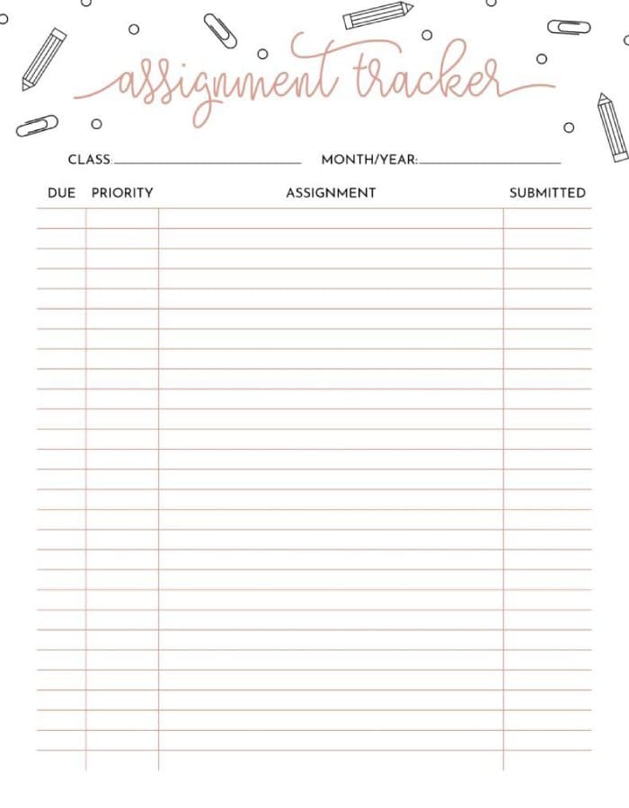 Printable Assignment Tracker Blank